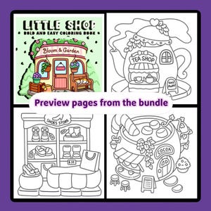 Może przedstawiać: Kolorowanka zatytułowana "LITTLE SHOP" z tekstem "BOLD AND EASY COLORING BOOK". Obraz przedstawia cztery panele z rysunkami linii sklep&oacute;w, w tym kwiaciarnię, herbaciarnię, sklep obuwniczy i sklep z kakao. Obecny jest r&oacute;wnież tekst "Preview pages from the bundle".