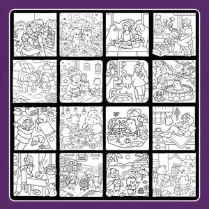 May include: A black and white coloring book page featuring 16 panels of cute illustrations. Each panel depicts scenes with animals and people, including a cat, dog, and bear. The scenes include activities like shopping, playing in the rain, and relaxing.