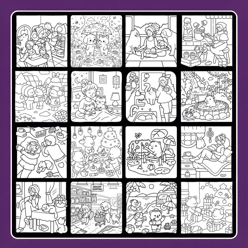 May include: A black and white coloring book page featuring 16 panels of cute illustrations. Each panel depicts scenes with animals and people, including a cat, dog, and bear. The scenes include activities like shopping, playing in the rain, and relaxing.