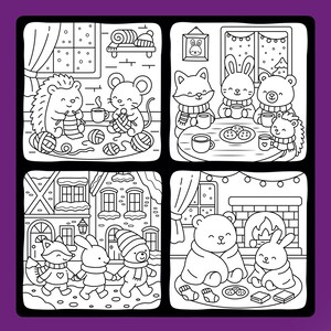 May include: Black and white illustration of four panels depicting cosy winter scenes. Animals are shown knitting, drinking tea, and enjoying biscuits. One panel shows a snowy town scene with animals holding hands.