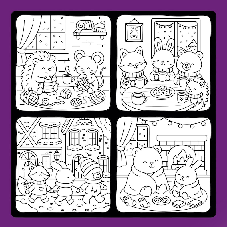 May include: Black and white illustration of four panels depicting cosy winter scenes. Animals are shown knitting, drinking tea, and enjoying biscuits. One panel shows a snowy town scene with animals holding hands.
