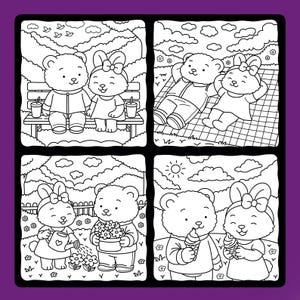 May include: A black and white illustration of a bear and bunny in four panels. The panels show the bear and bunny on a bench, relaxing on a blanket, watering flowers, and eating ice cream cones. The image is a coloring book page.