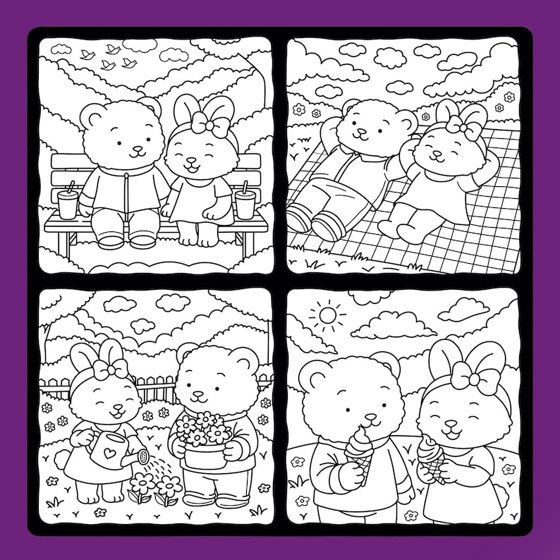 May include: A black and white illustration of a bear and bunny in four panels. The panels show the bear and bunny on a bench, relaxing on a blanket, watering flowers, and eating ice cream cones. The image is a coloring book page.