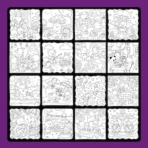 May include: A black and white coloring book page with sixteen square illustrations of animals in different settings. Scenes include picnics, fishing, and playing under trees. The detailed illustrations are designed for coloring.