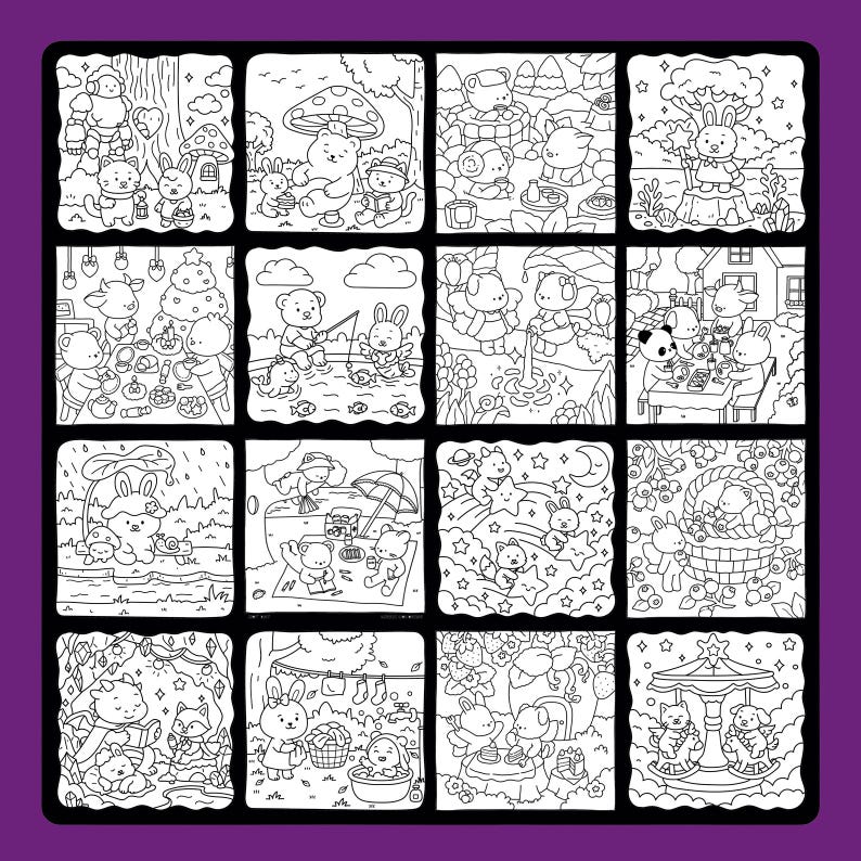 May include: A black and white coloring book page with sixteen square illustrations of animals in different settings. Scenes include picnics, fishing, and playing under trees. The detailed illustrations are designed for coloring.
