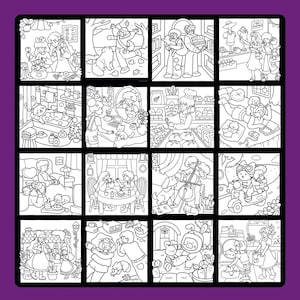 May include: A black and white coloring book page with sixteen panels, each showing a different scene. The panels depict people and animals in various settings, including a shop, a park, and a home. The illustrations are detailed and ready for coloring.