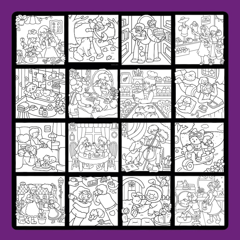 May include: A black and white coloring book page with sixteen panels, each showing a different scene. The panels depict people and animals in various settings, including a shop, a park, and a home. The illustrations are detailed and ready for coloring.
