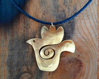 Gold Hamsa Pendant Dove of Peace Pendant Spiral Symbol Unique Design Handmade in Israel Statement Good Luck Protection Artisan Necklace