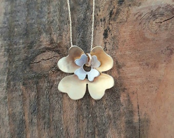 Four Leaf Clover Gold and Silver Pendant Symbol of Good Luck Nature Inspired Flower Earring Handmade in Israel