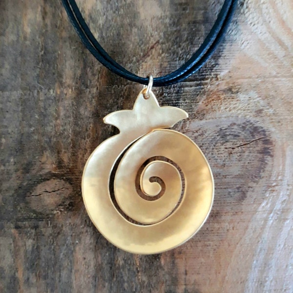 Pomegranate Gold Pendant Spiral Infinity Symbol Handmade in Israel Fruit nature inspired Luck Symbol Boho Design Statement Gold Necklace