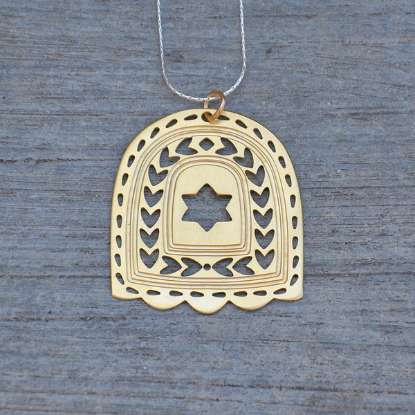 Ornament Gold Hamsa and Star of David Unique Ethnic Design Jewish Symbol Nature Inspired Handmade in Israel Tribal Pendant Artisan Necklace