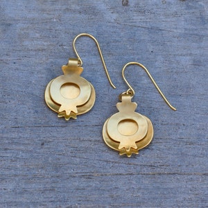 Pomegranate Gold Earrings Jewish Symbol Artisan Unique Design Handmade in Israel, Two-linked pomegranates represent Parity and Love.