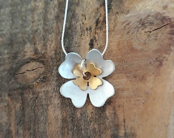 Four Leaf Clover Silver and Gold  Pendant Symbol of Good Luck Nature Inspired Flower Earring Handmade in Israel