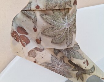 Botanical Eco print, Pure Silk Scarf, One of a kind, hand printed in Israel, wearable art, natural dyeing, Israeli plants, mother's day gift