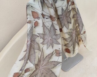 Botanical Eco print, Pure Silk Scarf, One of a kind, hand printed in Israel, wearable art, natural dyeing, Israeli plants, mother's day gift