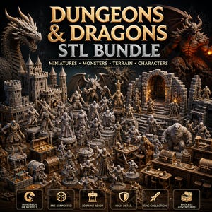Può includere: Un pacchetto STL di Dungeons & Dragons con numerose figure in miniatura grigie, tra cui mostri, personaggi e pezzi di terreno come un castello e un arco in pietra. Il testo recita Dungeons & Dragons STL Bundle, Miniatures, Monsters, Terrain, Characters.