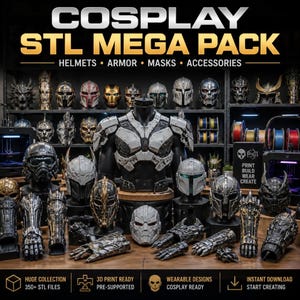 Könnte beinhalten: Eine digitale Sammlung mit dem Titel COSPLAY STL MEGA PACK, die 3D-druckbare Dateien für Helme, Rüstungen, Masken und Zubehör enthält. Die Darstellung zeigt verschiedene detaillierte, verwitterte und metallisch wirkende Rüstungsteile.