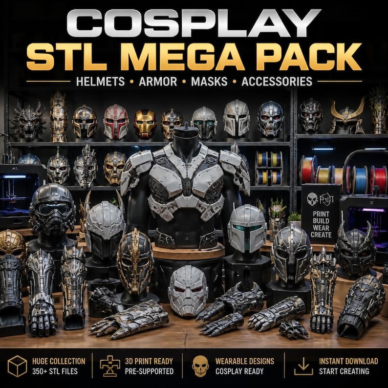 May include: A digital collection titled COSPLAY STL MEGA PACK featuring 3D printable files for helmets, armor, masks, and accessories. The display shows various detailed, weathered, and metallic-finished wearable armor pieces and helmets on stands.