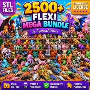 May include: A digital collection of 2500+ 3D printable STL files featuring colorful articulated flexi creatures, including dragons, animals, and mythical beings, displayed on tiered shelves with text labels for commercial license and quality.