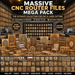 May include: A digital collection of CNC router files featuring over 10,000 designs for laser cutting. The display shows various wooden items including wall art, panels, furniture, home decor, signs, and clocks with intricate patterns.