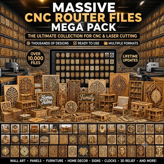 400GB CNC Router Files Mega Pack, VCarve Aspire ArtCAM Designs, 3D Wood Relief STL, Laser Cut SVG Dxf, Wall Art Furniture Woodworking Plans
