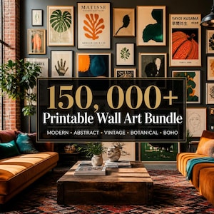 Peut inclure: Un mur de galerie présentant diverses impressions d'art encadrées, incluant des motifs botaniques, abstraits et graphiques, avec un texte central indiquant 150,000+ Printable Wall Art Bundle, Modern, Abstract, Vintage, Botanical, Boho.
