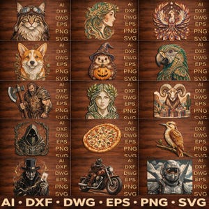 May include: A digital collection of fifteen distinct graphic illustrations arranged in a grid on a dark wood background. The images include a cat, a woman with leaves, a phoenix, a corgi, a hedgehog with a pumpkin, a parrot, a warrior with an axe, a woman with a laurel wreath, a ram, a hooded figure, a pizza, a bird, a man in a top hat, a motorcycle, and a futuristic soldier. Each section lists AI, DXF, DWG, EPS, PNG, and SVG file formats.