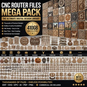 Pu&ograve; includere: Una collezione digitale di file per fresatrice CNC presentata come un mega pacchetto da 410 GB. L'immagine mostra vari design in legno tagliati al laser, tra cui decorazioni da parete, pannelli, mandala, insegne, ornamenti e mobili.