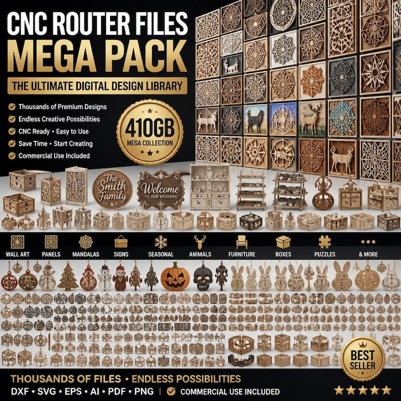 Pu&ograve; includere: Una collezione digitale di file per fresatrice CNC presentata come un mega pacchetto da 410 GB. L'immagine mostra vari design in legno tagliati al laser, tra cui decorazioni da parete, pannelli, mandala, insegne, ornamenti e mobili.