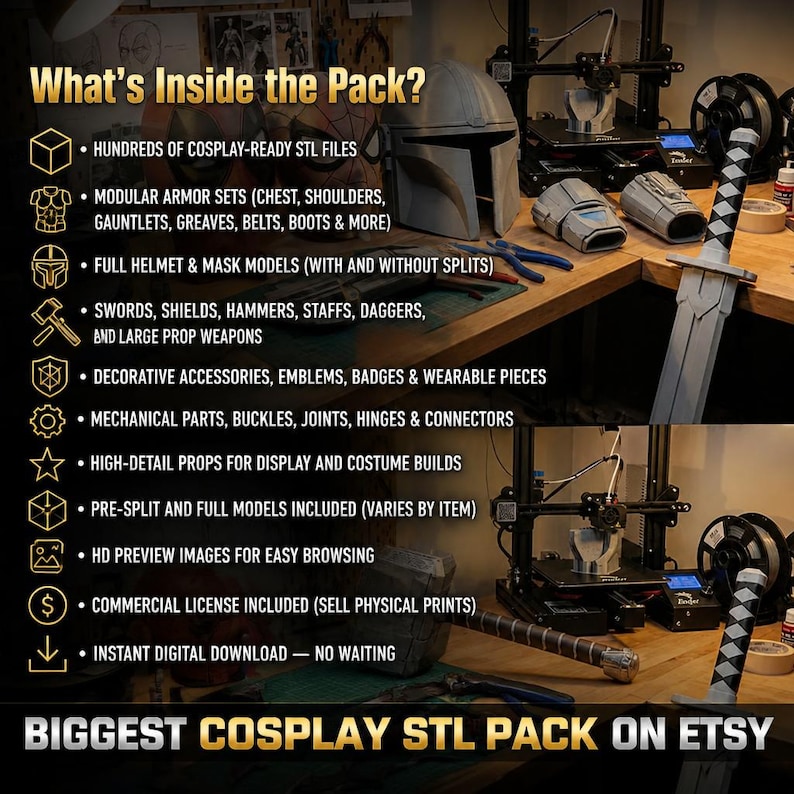 May include: A digital product listing titled What's Inside the Pack? featuring a list of 3D printable cosplay files including armor, helmets, weapons, and mechanical parts. The image displays a 3D printer, a helmet, and a sword prop on a workbench.