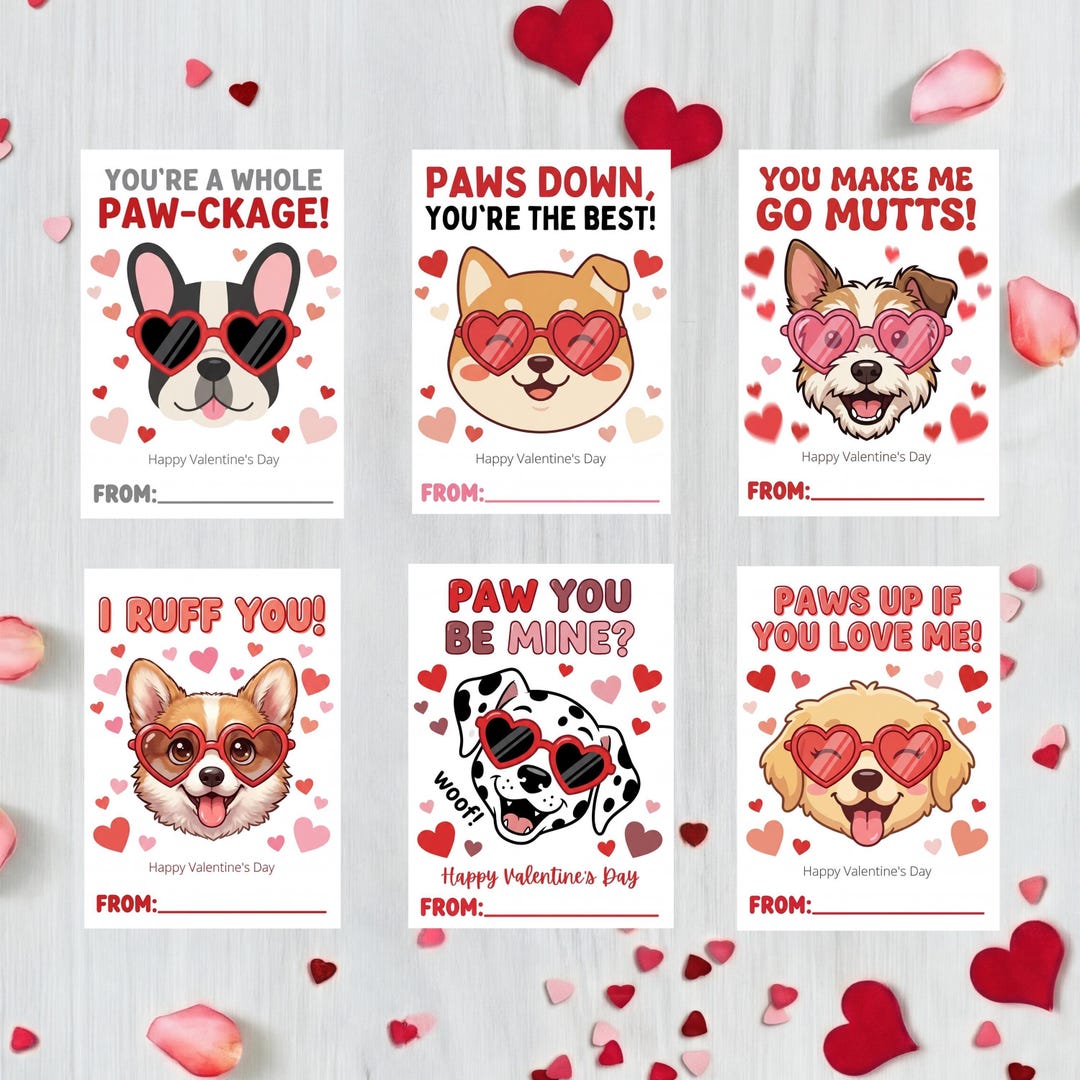 Printable Dog Valentine Cards – Cute Puppy Classroom Valentines, Kids ...