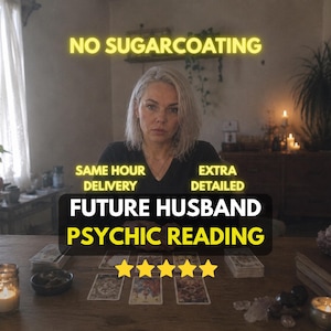 May include: A person with light hair sits behind a wooden table with tarot cards and candles. Text reads: NO SUGARCOATING, SAME HOUR DELIVERY, EXTRA DETAILED, FUTURE HUSBAND PSYCHIC READING, and five yellow stars are displayed below the text.