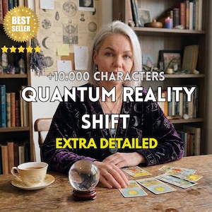 Peut inclure: Une femme aux cheveux gris est assise à une table en bois avec une boule de cristal, des cartes de tarot et une tasse de thé. Le texte de l'image indique "QUANTUM REALITY SHIFT" et "EXTRA DETAILED". Un badge "BEST SELLER" est en haut à gauche.
