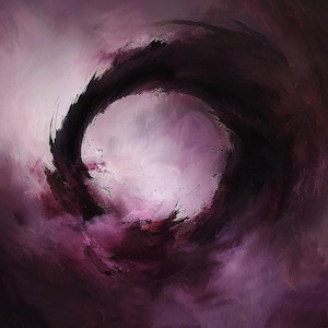 May include: Abstract painting with a swirling vortex design. The artwork features a dark, almost black, outer ring that transitions into shades of purple and pink towards the center. The brushstrokes create a sense of movement and depth.