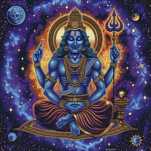 Peut inclure: Illustration vibrante d'une divinité à la peau bleue en position méditative, ornée de bijoux en or et d'une couronne. La figure tient un trident et se détache sur un fond cosmique d'étoiles et de couleurs tourbillonnantes. Un crâne et d'autres corps célestes sont également présents.