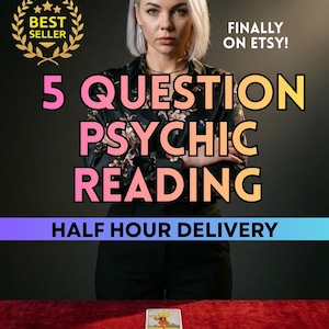 Può includere: Un'immagine che promuove un servizio di lettura psichica. Il testo recita "5 QUESTION PSYCHIC READING" con "HALF HOUR DELIVERY". Una donna è in piedi davanti a un tavolo con carte dei tarocchi. L'immagine include anche un badge "BEST SELLER".