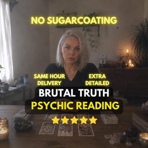 May include: A psychic reading service advertisement featuring the text NO SUGARCOATING, SAME HOUR DELIVERY, EXTRA DETAILED, BRUTAL TRUTH PSYCHIC READING, and five yellow stars. The image displays tarot cards arranged on a wooden table surface.