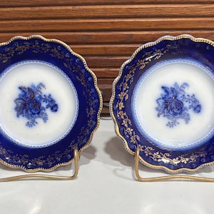 Antique Flow Blue China Pair of Bread Plates - "Blue Rose" Pattern