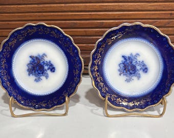 Par de platos de pan de porcelana antigua Flow Blue - Diseño "Rosa Azul"