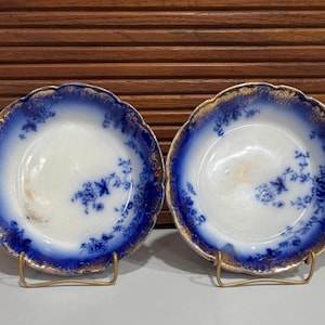 May include: Two antique porcelain plates with a white center, blue rim, and gold trim. Each plate features a floral design in blue. The plates are displayed on gold-colored metal stands, showcasing their intricate details and vintage charm.