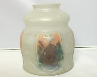 Antique Glass Lamp Shade - Reverse Painted Windmill Design