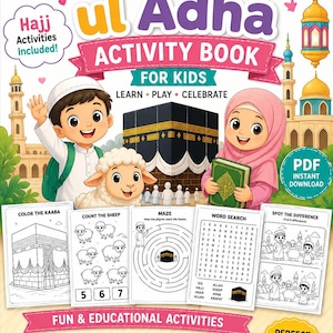 Könnte beinhalten: Ein farbenfrohes Aktivitätsbuch für Kinder mit dem Titel "Eid ul Adha". Das Cover zeigt Illustrationen von Kindern, einem Schaf und der Kaaba. Enthält Malvorlagen, Puzzles und Wortsuchrätsel. Perfekt für Kinder im Alter von 4-8 Jahren.
