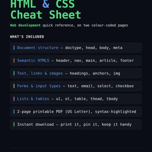 May include: A digital HTML & CSS Cheat Sheet reference guide for 2026. The dark background features green and blue text listing web development topics including document structure, semantic HTML5, text, links, images, forms, input types, lists, and tables.