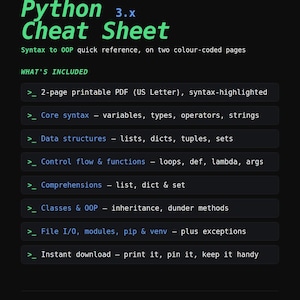 Python Cheat Sheet, plik PDF z informacjami o Pythonie 3 do wydrukowania dla programistów, do natychmiastowego pobrania