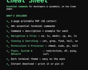 Linux Terminal, Bash, Vim, Git Cheat Sheets | Developer Reference (PDF Pack)