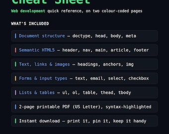 HTML and CSS Cheat Sheet, Printable Web Development Reference Guide PDF, Programmer Gift