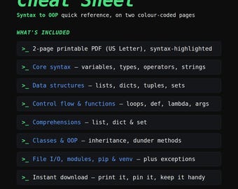 Guía rápida de Python, un PDF de referencia imprimible de Python 3 para programadores, descarga instantánea.