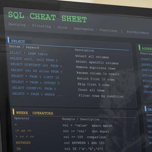 SQL Cheat Sheet – Quick Reference PDF for Developers (Digital Download)