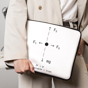 May include: A white laptop sleeve with a black border, featuring a physics diagram with arrows and the text "ΣF = 0 stable = true;". The sleeve is held by a person wearing a beige blazer and white shirt.