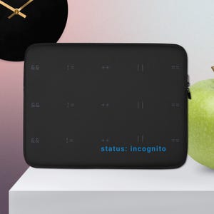 May include: A black rectangular laptop sleeve featuring a repeating pattern of programming operators including &&, !=, ++, ||, and == in a subtle dark gray. The bottom right corner displays the text status: incognito in a bright blue font.
